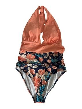 Cupshe Tummy Control Orange Navy Floral Halter Swimsuit XXL High Cut One piece